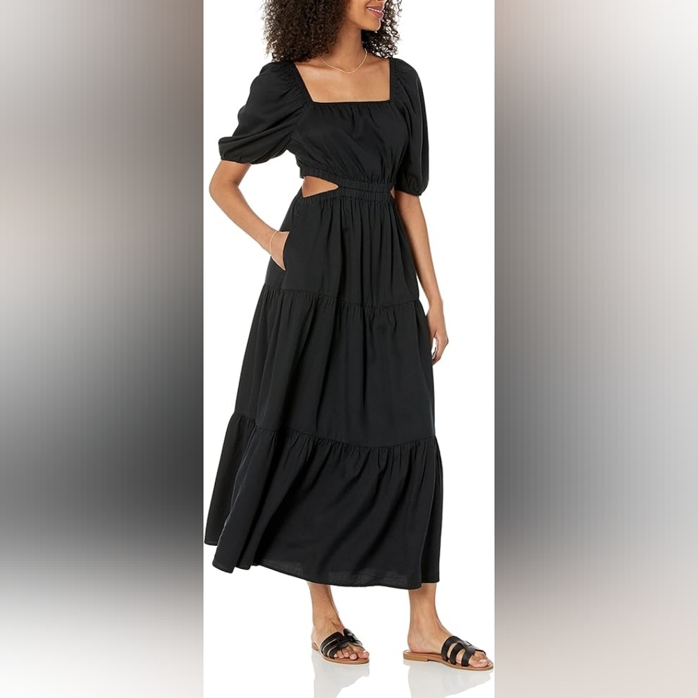 The Drop Anaya Square Neck Cut-Out Tiered Dress Sz XS Black 15" PTP 49"L